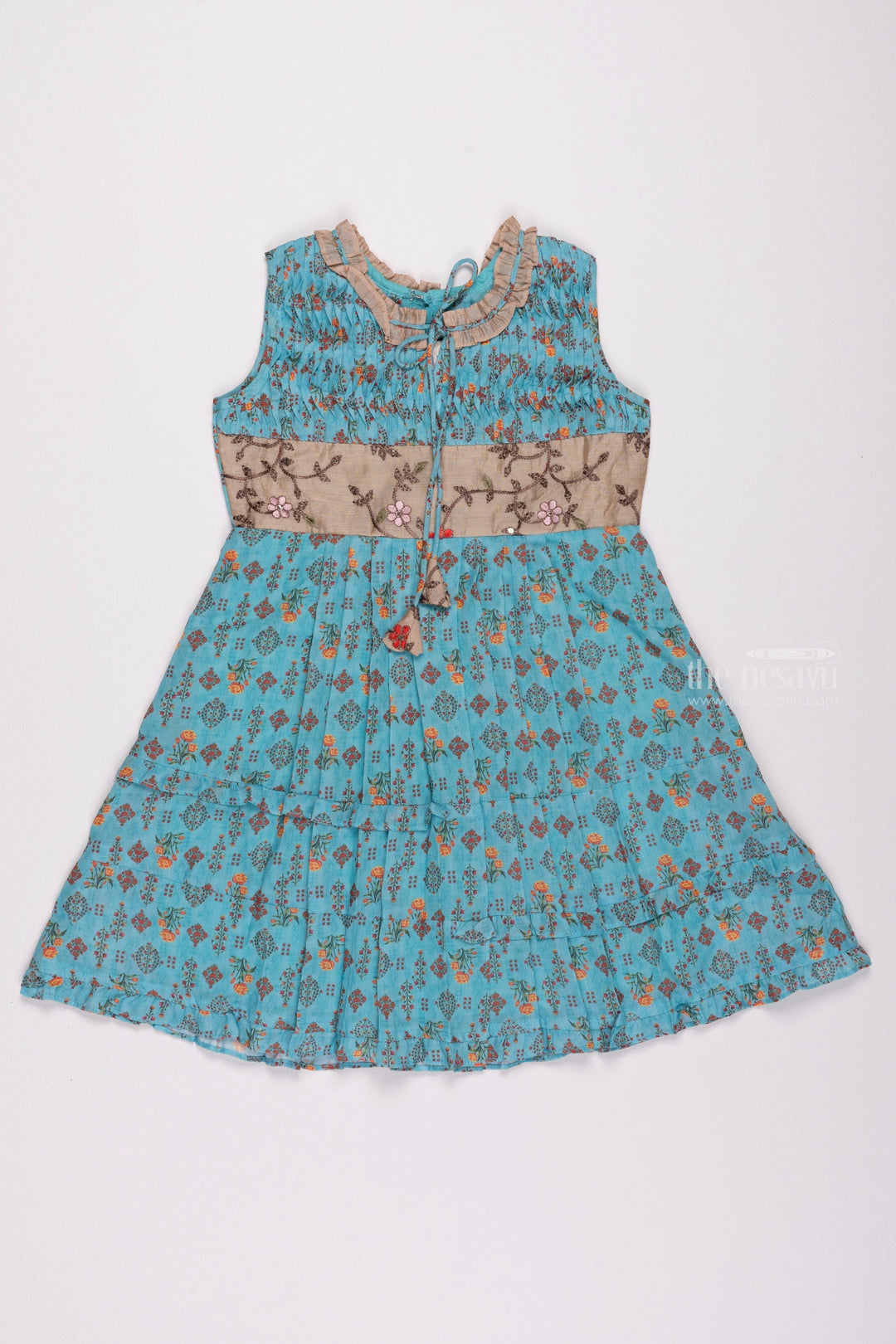 The Nesavu Girls Cotton Frock Ocean Dream: Floral Printed Pleated Blue Cotton Frock for Girls Nesavu 22 (4Y) / Blue / Chanderi GFC1155A-22 Cute Cotton Frocks for Toddlers | Adorable Designs for Little Ones