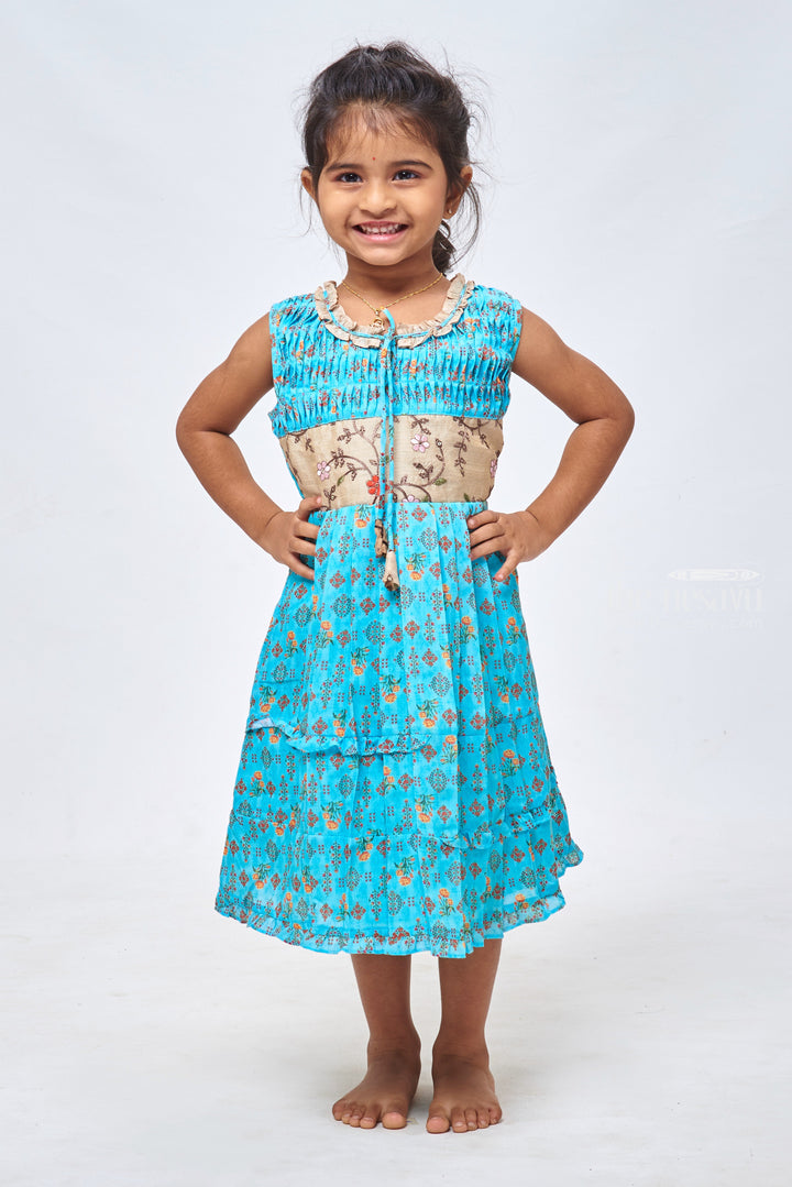 The Nesavu Girls Cotton Frock Ocean Dream: Floral Printed Pleated Blue Cotton Frock for Girls Nesavu 22 (4Y) / Blue / Chanderi GFC1155A-22 Cute Cotton Frocks for Toddlers | Adorable Designs for Little Ones