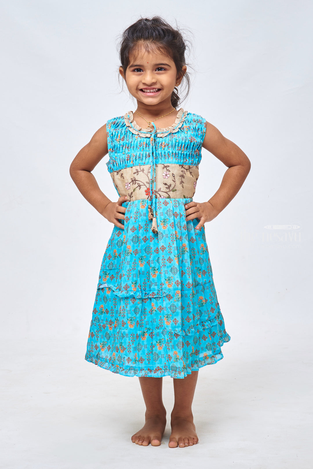 The Nesavu Girls Cotton Frock Ocean Dream: Floral Printed Pleated Blue Cotton Frock for Girls Nesavu 22 (4Y) / Blue / Chanderi GFC1155A-22 Cute Cotton Frocks for Toddlers | Adorable Designs for Little Ones