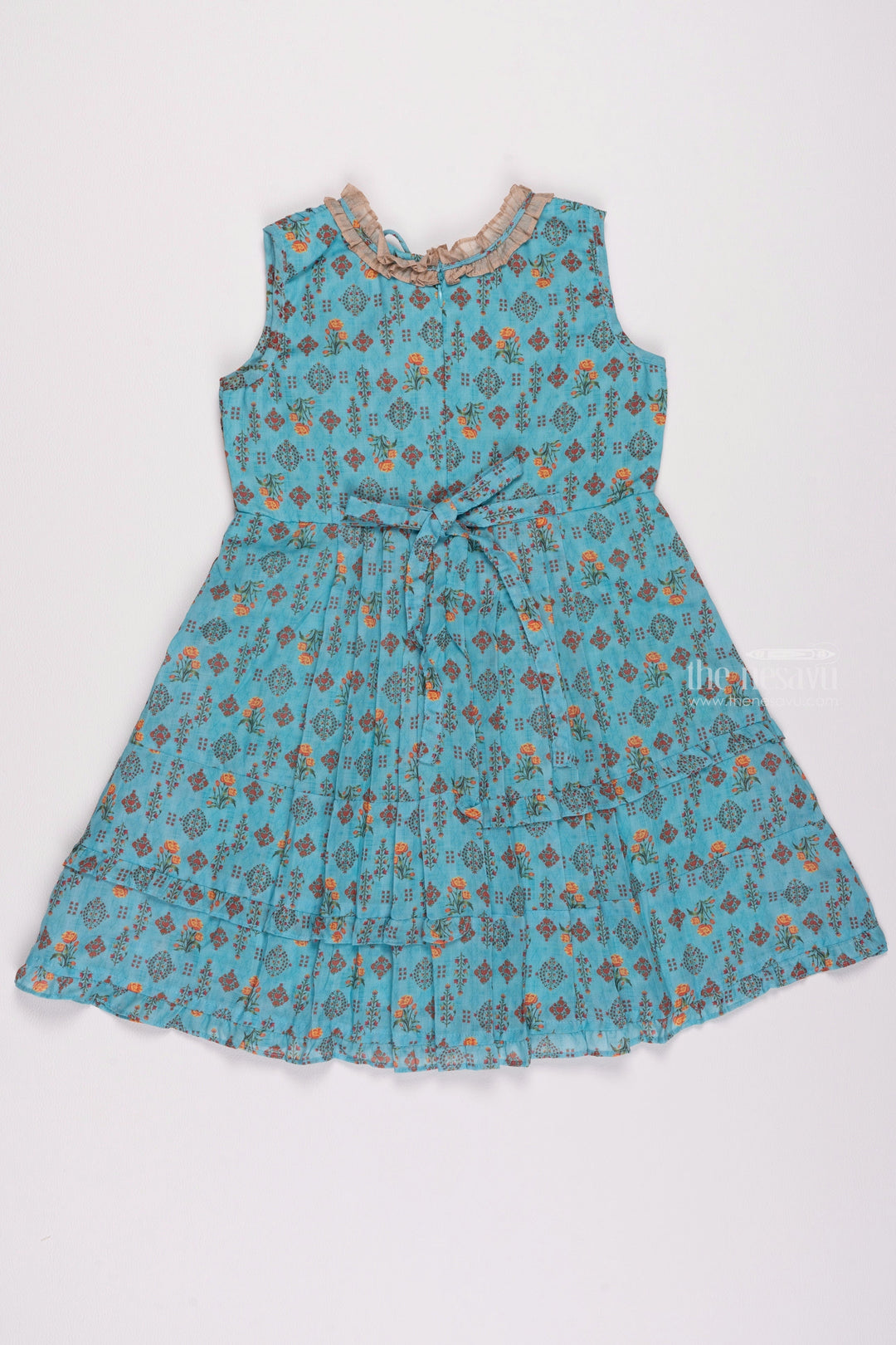 The Nesavu Girls Cotton Frock Ocean Dream: Floral Printed Pleated Blue Cotton Frock for Girls Nesavu Cute Cotton Frocks for Toddlers | Adorable Designs for Little Ones