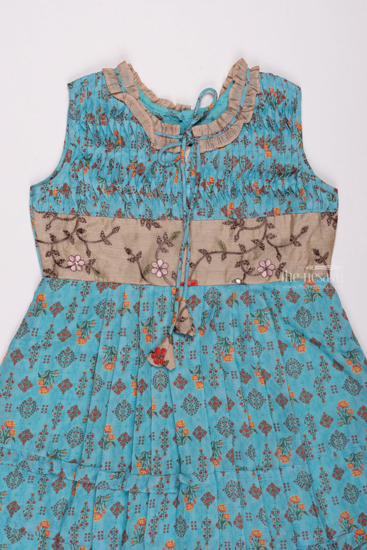 The Nesavu Girls Cotton Frock Ocean Dream: Floral Printed Pleated Blue Cotton Frock for Girls Nesavu Cute Cotton Frocks for Toddlers | Adorable Designs for Little Ones