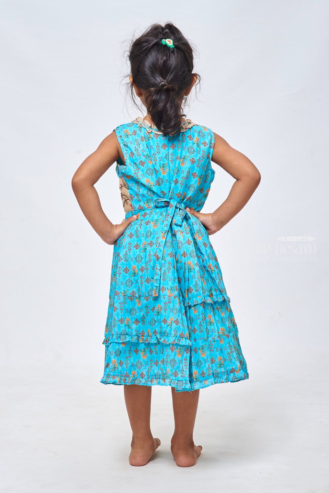 The Nesavu Girls Cotton Frock Ocean Dream: Floral Printed Pleated Blue Cotton Frock for Girls Nesavu Cute Cotton Frocks for Toddlers | Adorable Designs for Little Ones