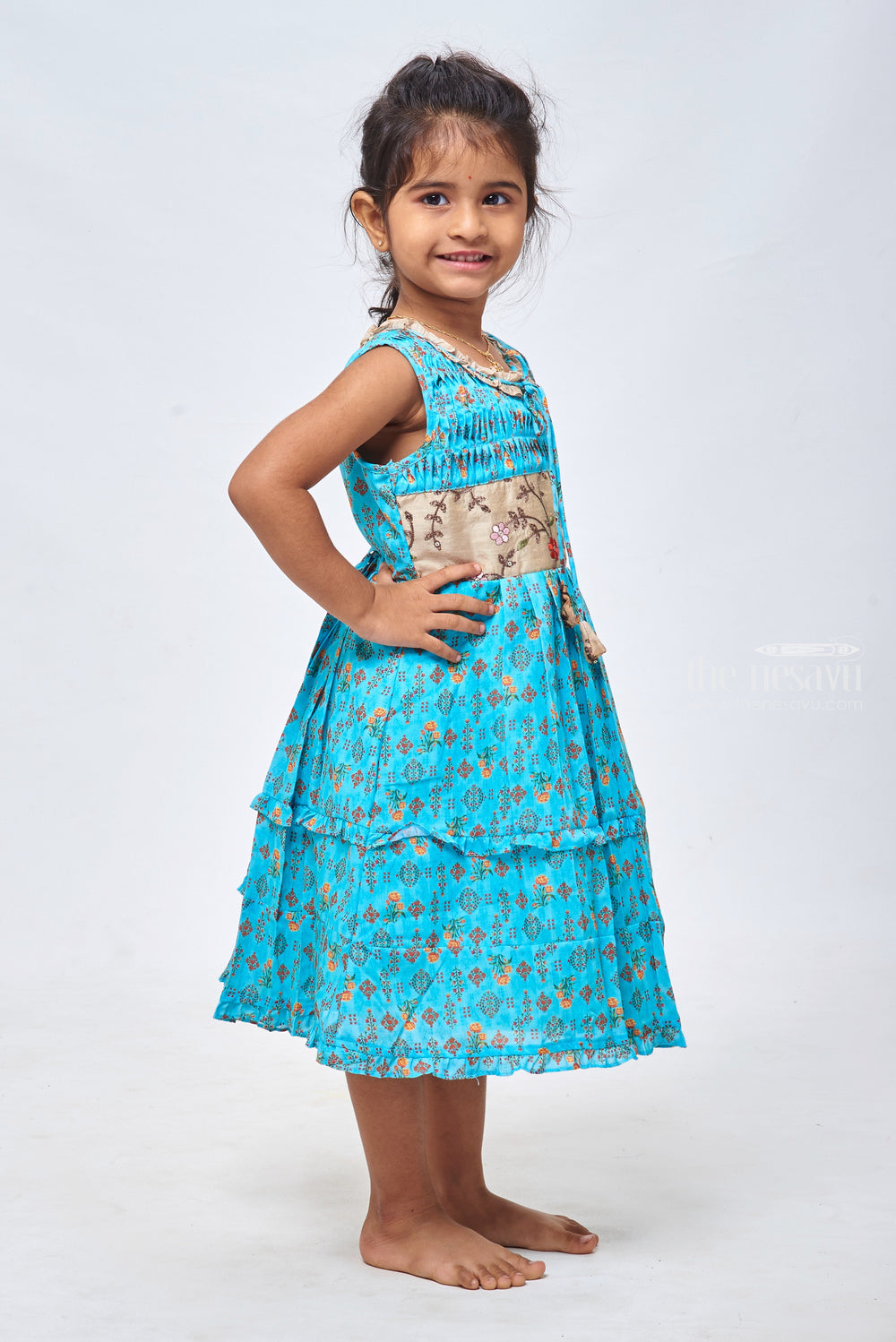 The Nesavu Girls Cotton Frock Ocean Dream: Floral Printed Pleated Blue Cotton Frock for Girls Nesavu Cute Cotton Frocks for Toddlers | Adorable Designs for Little Ones
