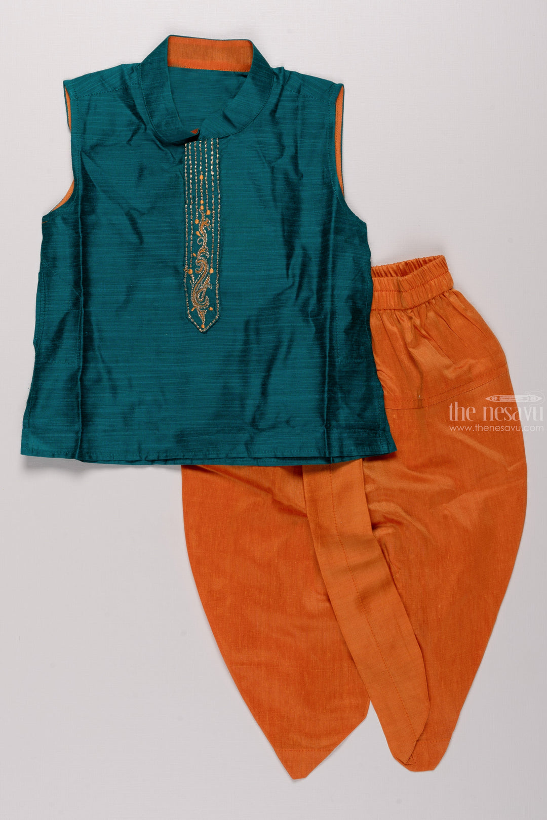 The Nesavu Boys Dothi Set Ocean Harmony: Boys' Teal Blue Kurta with Orange Dhoti Set & Embellished Detailing Nesavu 12 (3M) / Blue / Cotton Dupion BES425C-12 Tradition Meets Trend | New Festive Collections of Boys Kurta Panchagajam Set | The Nesavu