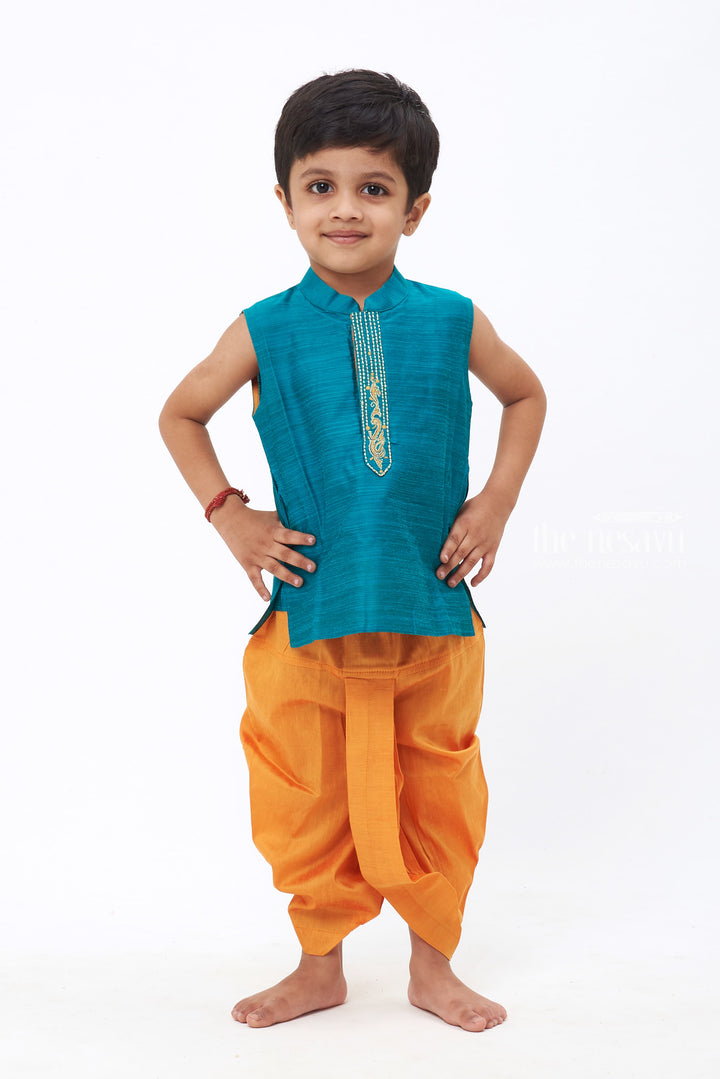 The Nesavu Boys Dothi Set Ocean Harmony: Boys' Teal Blue Kurta with Orange Dhoti Set & Embellished Detailing Nesavu 12 (3M) / Blue / Cotton Dupion BES425C-12 Tradition Meets Trend | New Festive Collections of Boys Kurta Panchagajam Set | The Nesavu