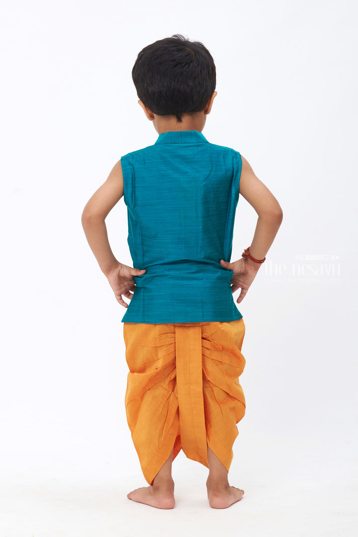 The Nesavu Boys Dothi Set Ocean Harmony: Boys' Teal Blue Kurta with Orange Dhoti Set & Embellished Detailing Nesavu Tradition Meets Trend | New Festive Collections of Boys Kurta Panchagajam Set | The Nesavu