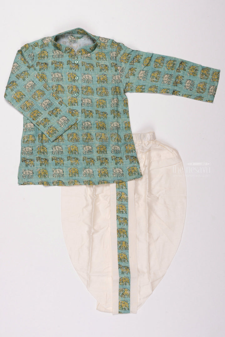 The Nesavu Boys Dothi Set Oceanic Allure: Blue Animal-Print Kurta & Pristine White Panchagajam Set for Boys Nesavu 12 (3M) / Green / Silk Blend BES378B-12 Boys Ethnic Set Online | Latest Ethnic Wear Kurta Panchagajam Set | The Nesavu