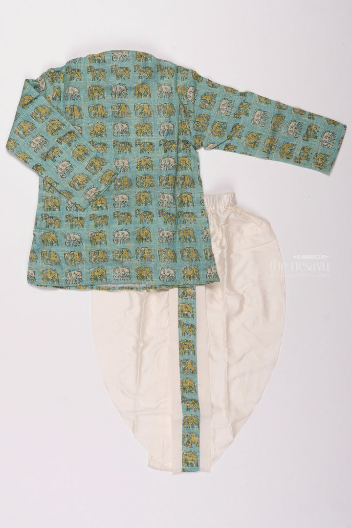 The Nesavu Boys Dothi Set Oceanic Allure: Blue Animal-Print Kurta & Pristine White Panchagajam Set for Boys Nesavu Boys Ethnic Set Online | Latest Ethnic Wear Kurta Panchagajam Set | The Nesavu