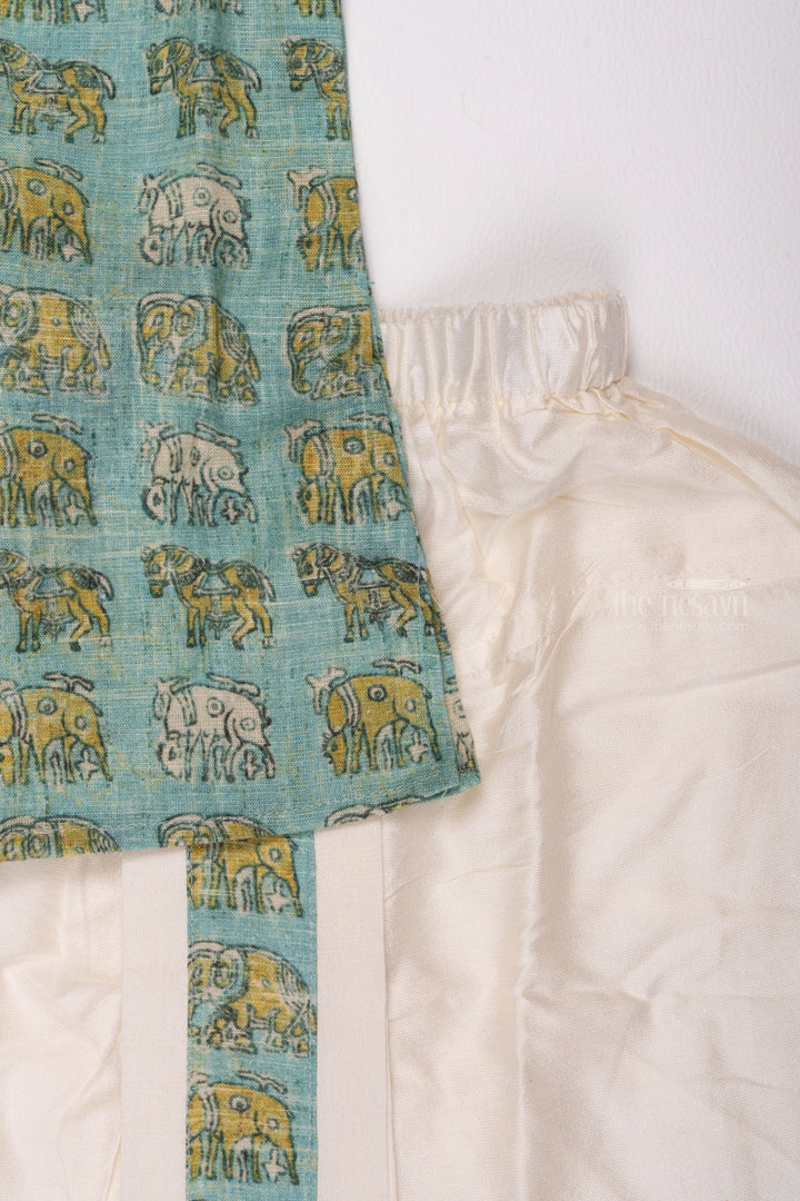 The Nesavu Boys Dothi Set Oceanic Allure: Blue Animal-Print Kurta & Pristine White Panchagajam Set for Boys Nesavu Boys Ethnic Set Online | Latest Ethnic Wear Kurta Panchagajam Set | The Nesavu