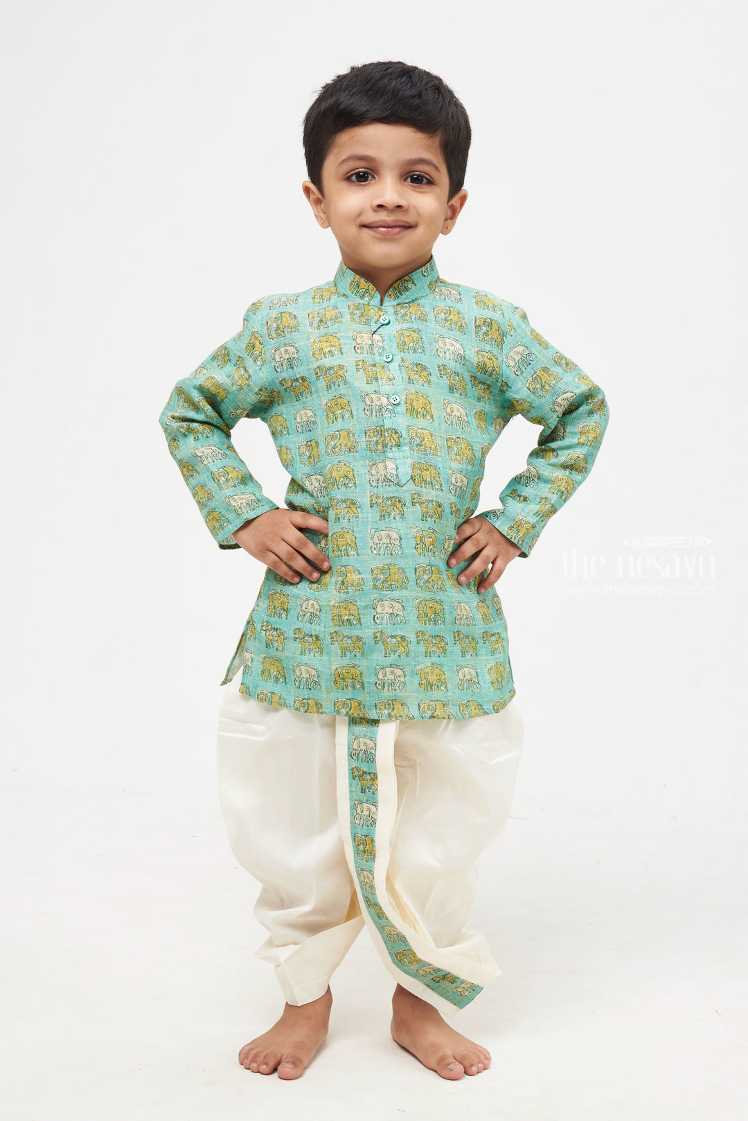 The Nesavu Boys Dothi Set Oceanic Allure: Blue Animal-Print Kurta & Pristine White Panchagajam Set for Boys Nesavu Boys Ethnic Set Online | Latest Ethnic Wear Kurta Panchagajam Set | The Nesavu