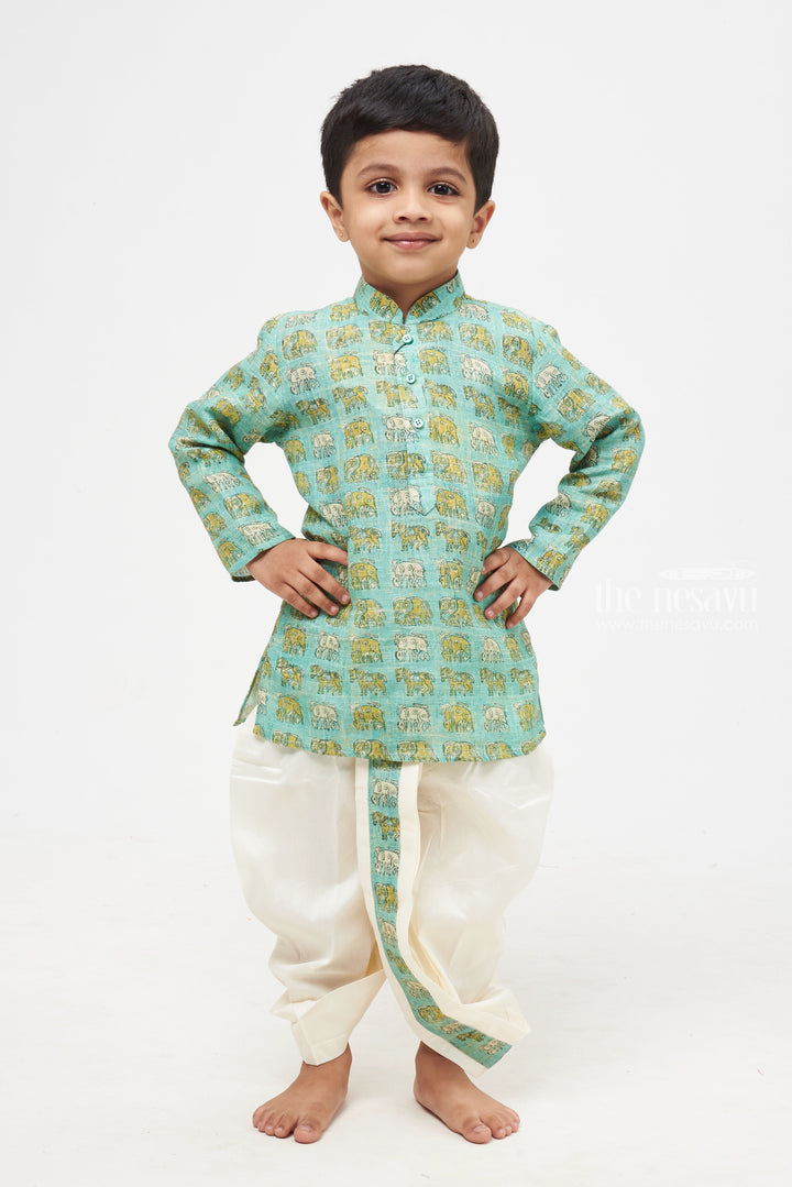 The Nesavu Boys Dothi Set Oceanic Allure: Blue Animal-Print Kurta & Pristine White Panchagajam Set for Boys Nesavu Boys Ethnic Set Online | Latest Ethnic Wear Kurta Panchagajam Set | The Nesavu