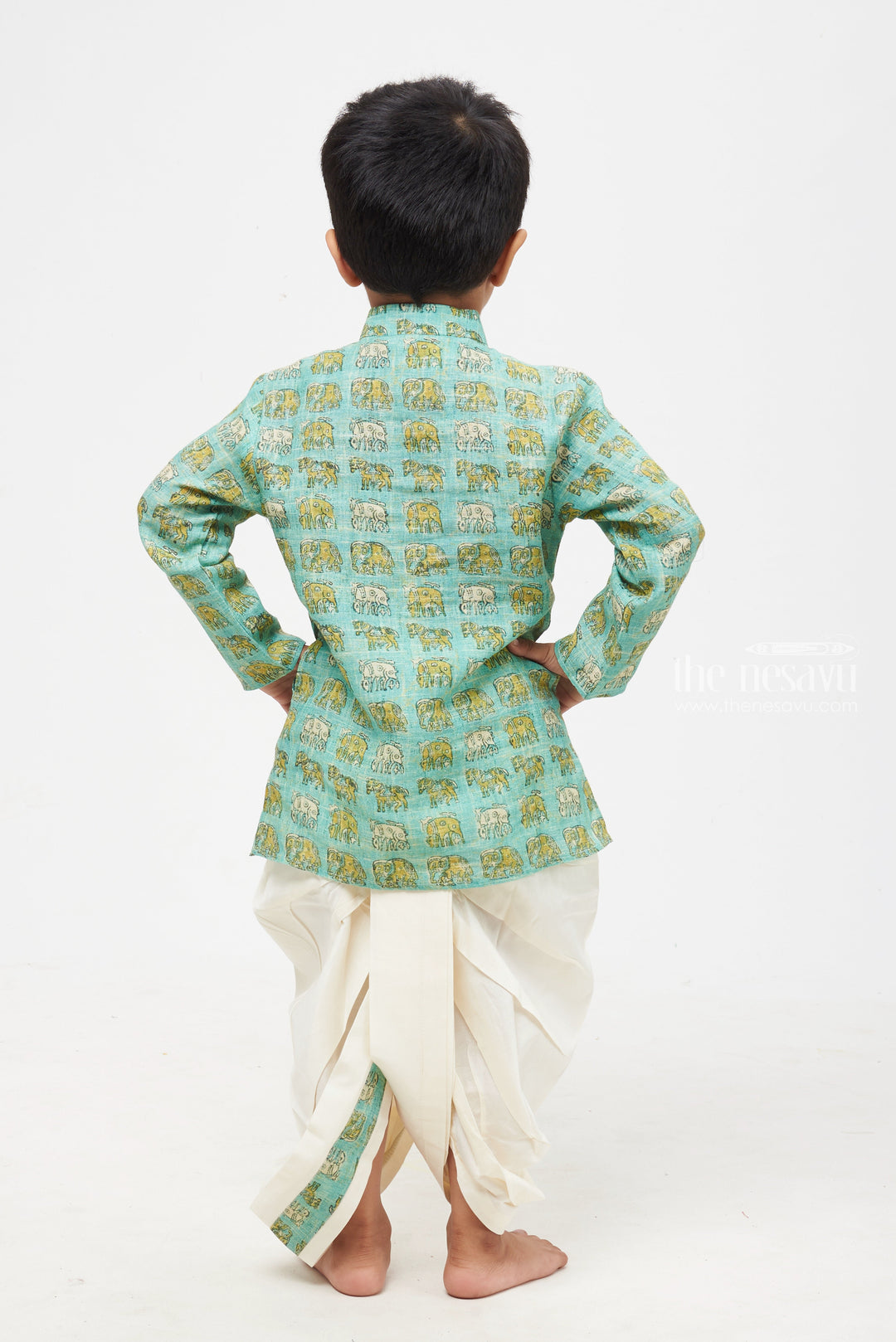 The Nesavu Boys Dothi Set Oceanic Allure: Blue Animal-Print Kurta & Pristine White Panchagajam Set for Boys Nesavu Boys Ethnic Set Online | Latest Ethnic Wear Kurta Panchagajam Set | The Nesavu