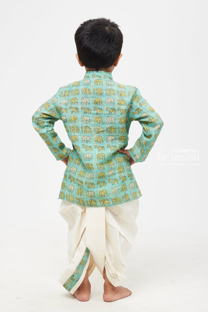 The Nesavu Boys Dothi Set Oceanic Allure: Blue Animal-Print Kurta & Pristine White Panchagajam Set for Boys Nesavu Boys Ethnic Set Online | Latest Ethnic Wear Kurta Panchagajam Set | The Nesavu
