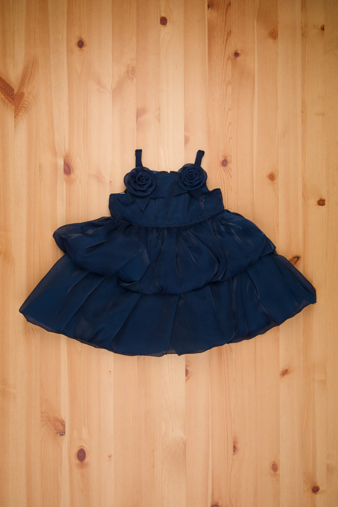 The Nesavu Girls Fancy Party Frock Oceanic Blue Charm Dual-Layered Shimmer Baby Gown - Strap Shoulders & Rose Details - Ultimate Newborn Party Frock Nesavu 14 (6M) / Blue / Organza Tissue PF131H-14 Newborn Birthday Outfit | First Birthday Frock Girl | The Nesavu
