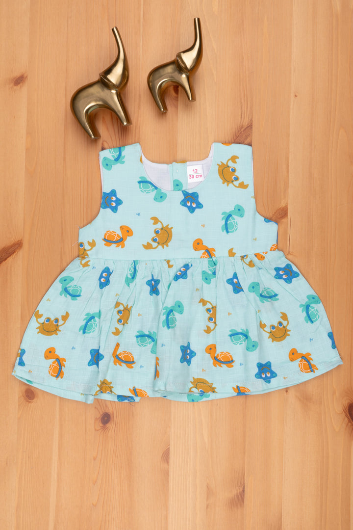 The Nesavu Baby Frock / Jhabla Oceanic Blue: Sea Animal Printed Dress for Girls Nesavu 12 (3M) / Turquise BFJ443A-12 Animal Cartoons Printed Frock For Babys | New born Baby Dress | The Nesavu