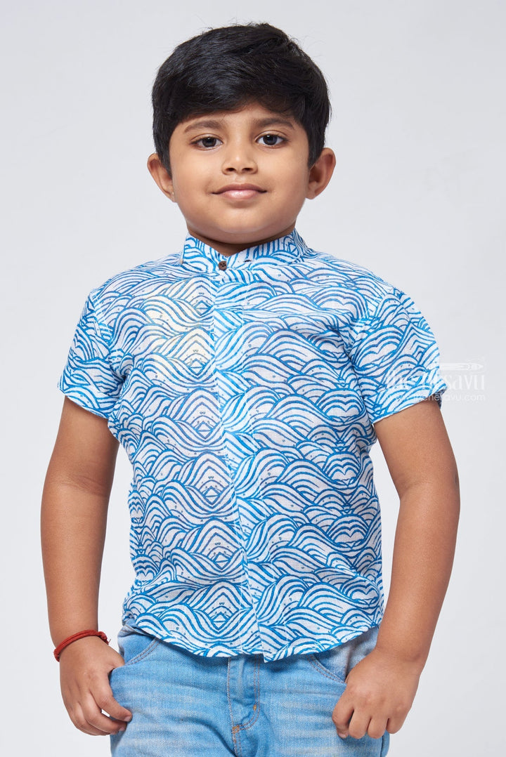 The Nesavu Boys Linen Shirt Oceanic Elegance: Boys Blue Linen Shirt with Wave-Inspired Patterns Nesavu 14 (6M) / Blue BS073-14 Boys Linen Shirt | Kids Printed Shirt | The Nesavu