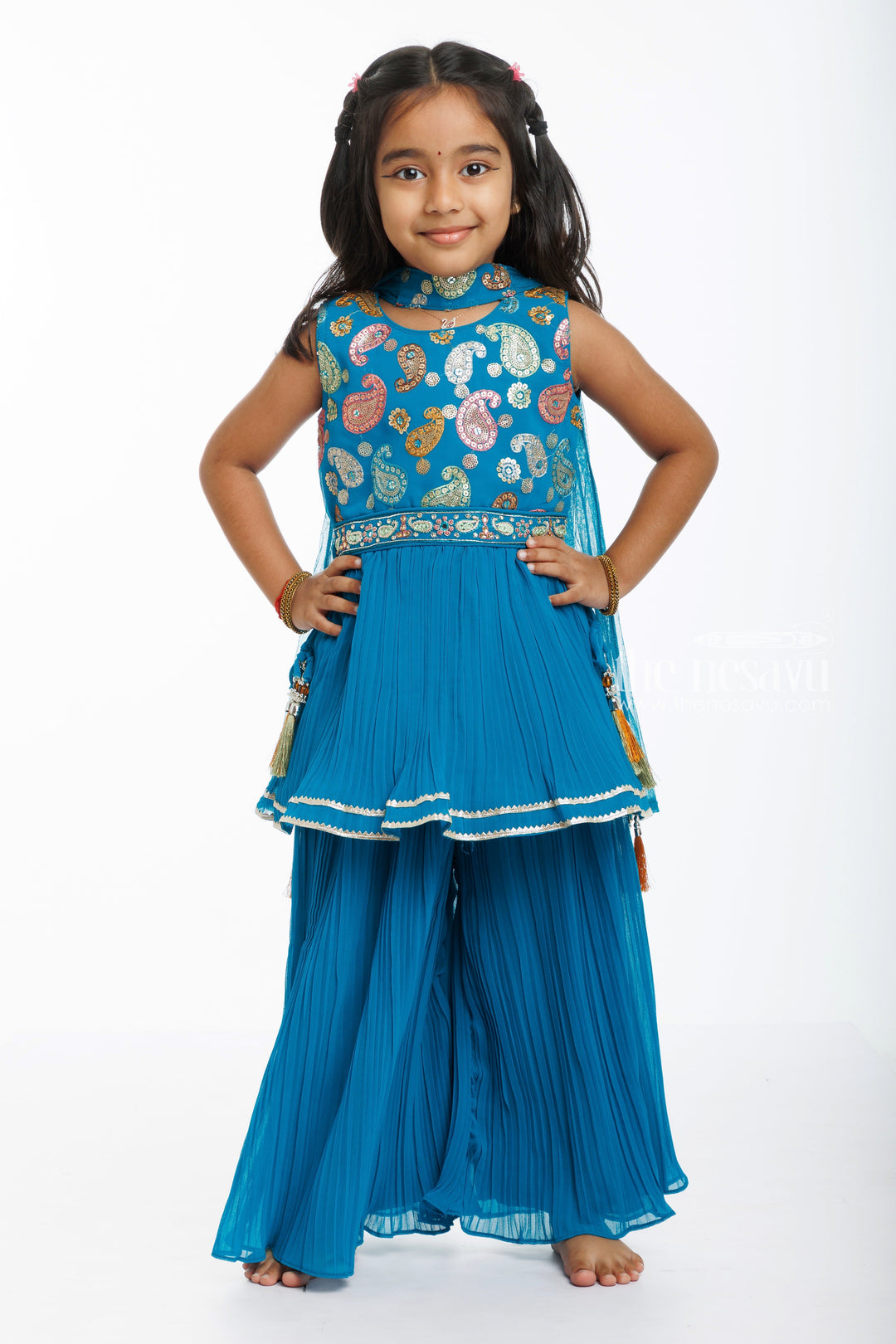 The Nesavu Girls Sharara / Plazo Set Oceanic Elegance: Girls' Peacock Embellished Kurti with Palazzo Set Nesavu 16 (1Y) / Blue / Georgette GPS290A-16 Buy Girls' Peacock Kurti and Palazzo Set | Perfect Festive Wear for Ugadi | The Nesavu