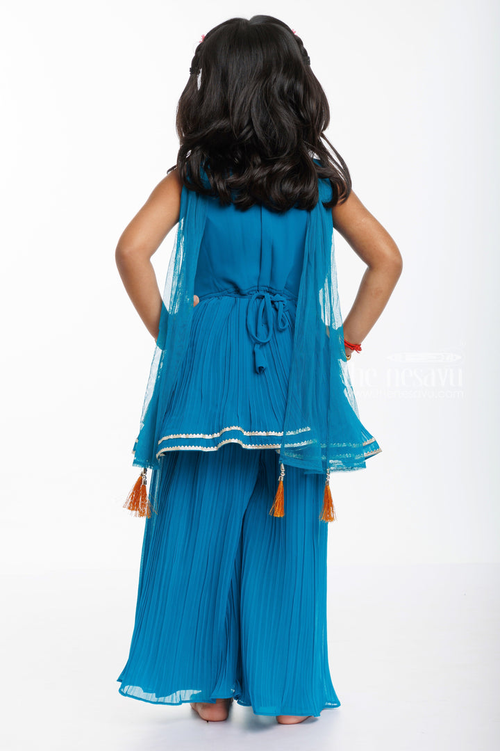 The Nesavu Girls Sharara / Plazo Set Oceanic Elegance: Girls' Peacock Embellished Kurti with Palazzo Set Nesavu Buy Girls' Peacock Kurti and Palazzo Set | Perfect Festive Wear for Ugadi | The Nesavu