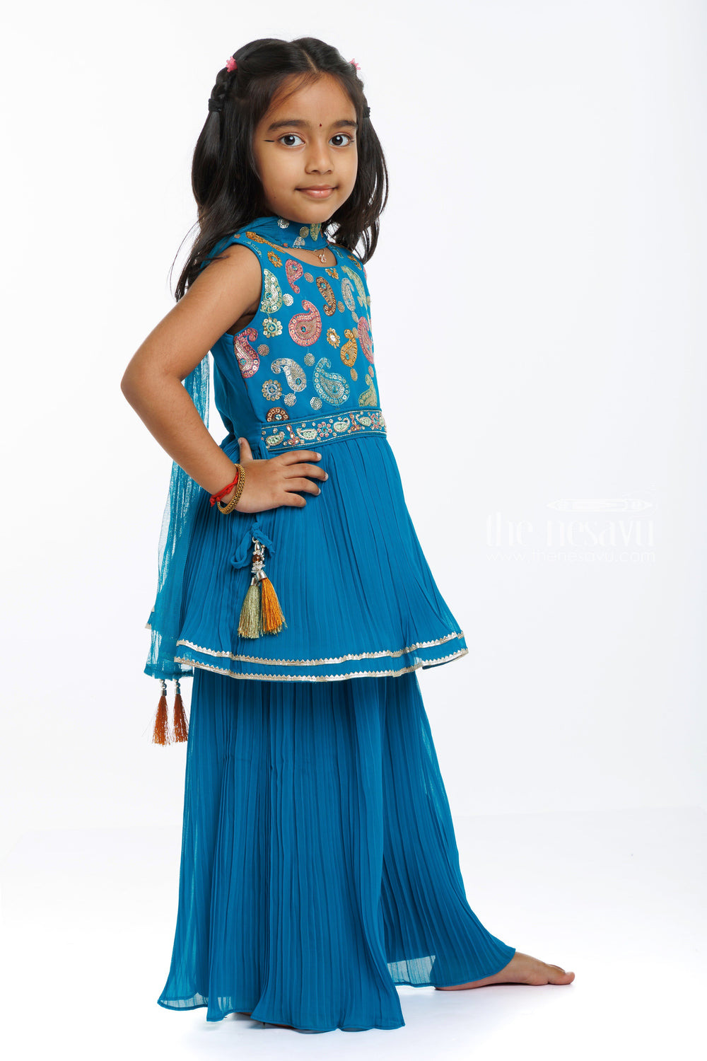 The Nesavu Girls Sharara / Plazo Set Oceanic Elegance: Girls' Peacock Embellished Kurti with Palazzo Set Nesavu Buy Girls' Peacock Kurti and Palazzo Set | Perfect Festive Wear for Ugadi | The Nesavu