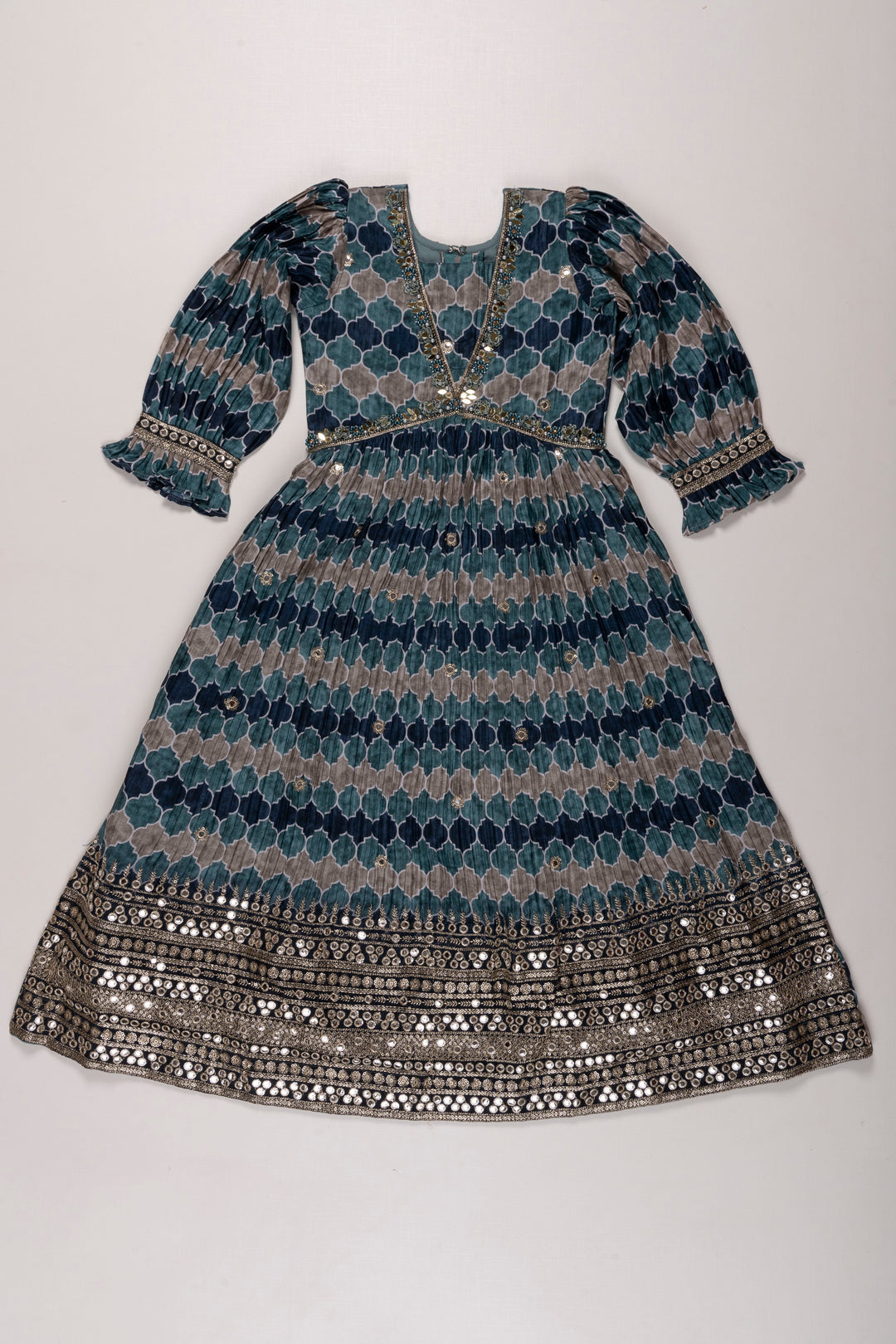 The Nesavu Girls Party Gown Oceanic Mosaic Aliacut Anarkali Gown: A Mesmerizing Cascade of Blue for Girls Nesavu 24 (5Y) / Blue GA199A-24 Girls Oceanic Blue Anarkali Gown | Silver Adorned Festive Dress | The Nesavu