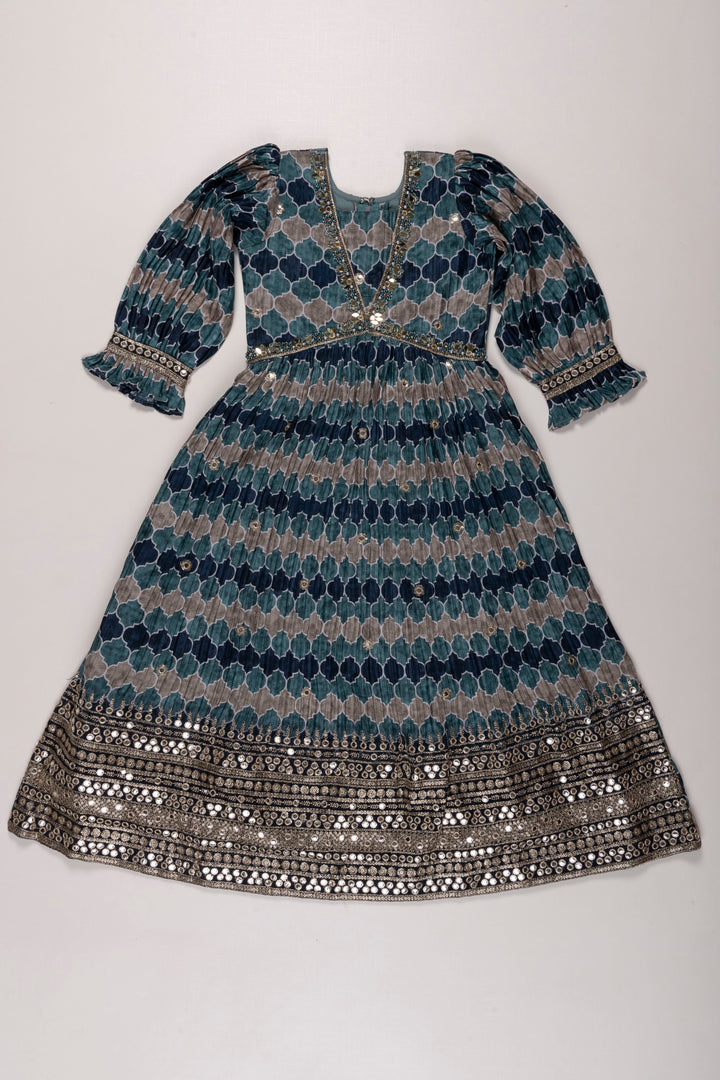 The Nesavu Girls Party Gown Oceanic Mosaic Aliacut Anarkali Gown: A Mesmerizing Cascade of Blue for Girls Nesavu 24 (5Y) / Blue GA199A-24 Girls Oceanic Blue Anarkali Gown | Silver Adorned Festive Dress | The Nesavu