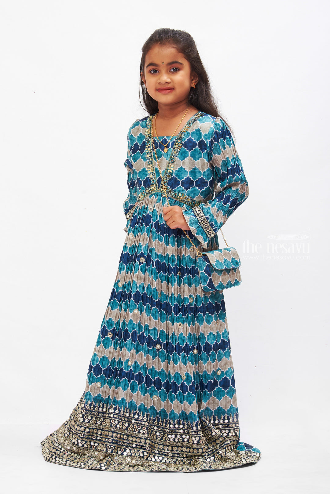 The Nesavu Girls Party Gown Oceanic Mosaic Aliacut Anarkali Gown: A Mesmerizing Cascade of Blue for Girls Nesavu Girls Oceanic Blue Anarkali Gown | Silver Adorned Festive Dress | The Nesavu