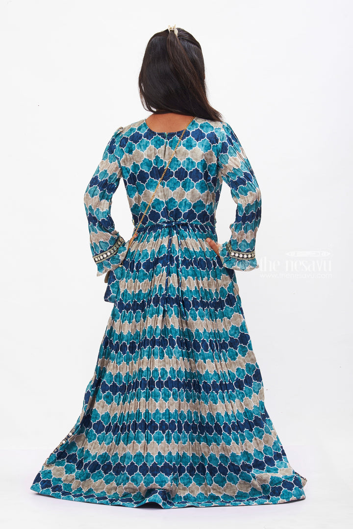 The Nesavu Girls Party Gown Oceanic Mosaic Aliacut Anarkali Gown: A Mesmerizing Cascade of Blue for Girls Nesavu Girls Oceanic Blue Anarkali Gown | Silver Adorned Festive Dress | The Nesavu