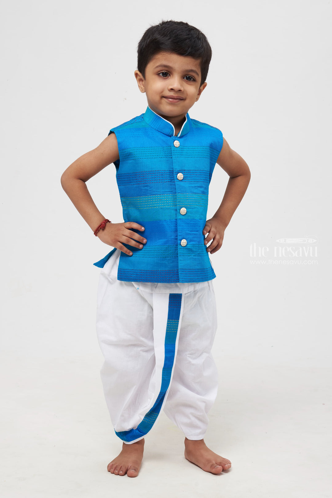 The Nesavu Boys Dothi Set Oceanic Ombre: Layered Blue Shade Kurta Shirt with White Dhoti Panchagajam Set for Boys Nesavu 12 (3M) / Blue / Modal BES406B-12 Boys Traditional Panchagajam Set | Ethnic Festive and Wedding Attire for Young Boys | The Nesavu