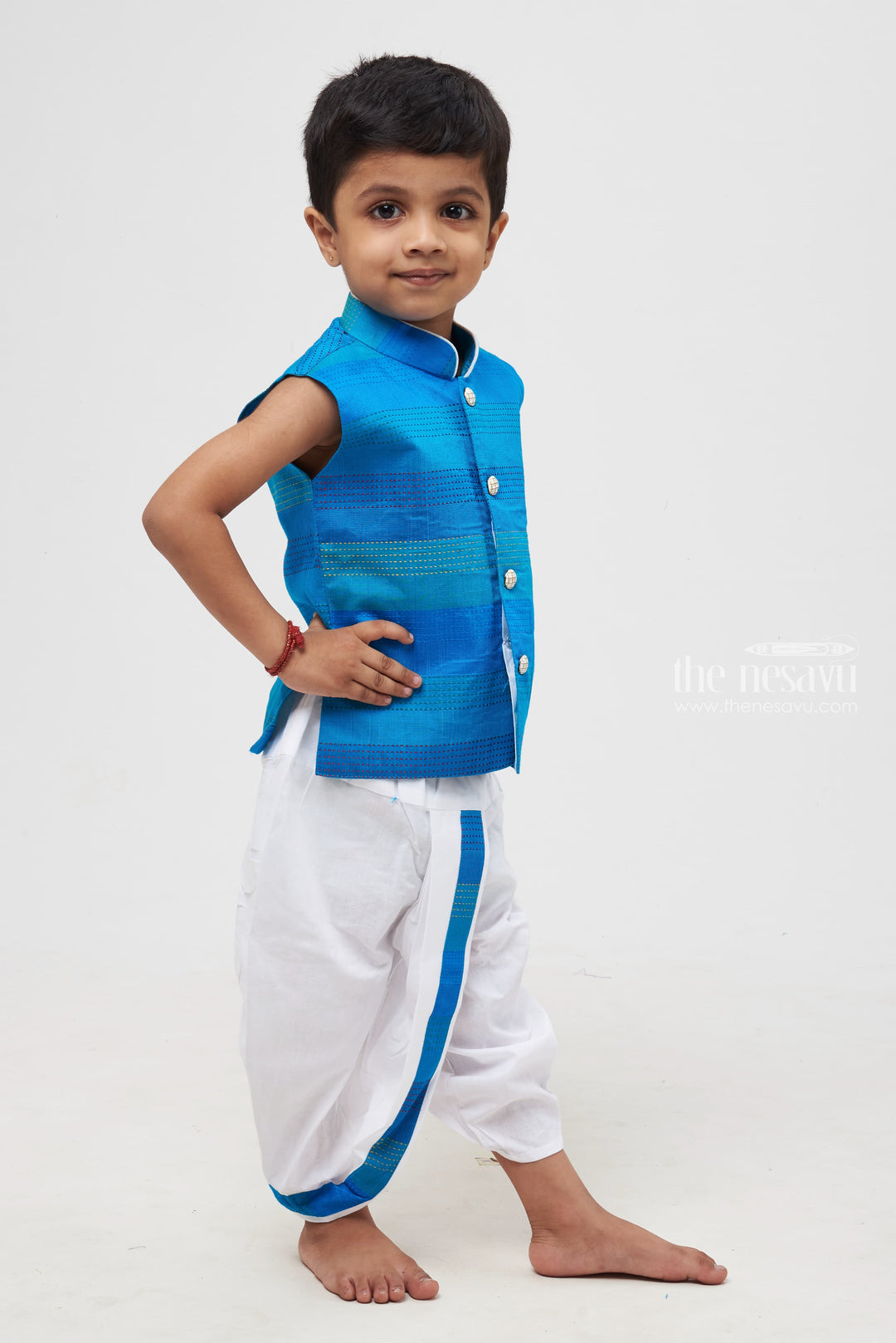 The Nesavu Boys Dothi Set Oceanic Ombre: Layered Blue Shade Kurta Shirt with White Dhoti Panchagajam Set for Boys Nesavu Boys Traditional Panchagajam Set | Ethnic Festive and Wedding Attire for Young Boys | The Nesavu