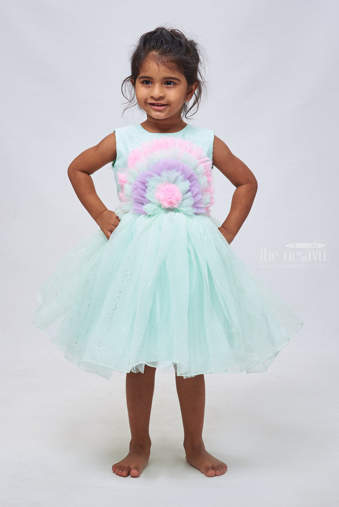 The Nesavu Girls Tutu Frock Oceanic Ovation: Multicolor Puffed Layered Blue Frock with Artistic Applique & Pleats Nesavu 12 (3M) / Blue / Plain Net PF142A-12 Stunning Baby Girl Frock Styles: Perfect for Parties & Birthdays | The Nesavu