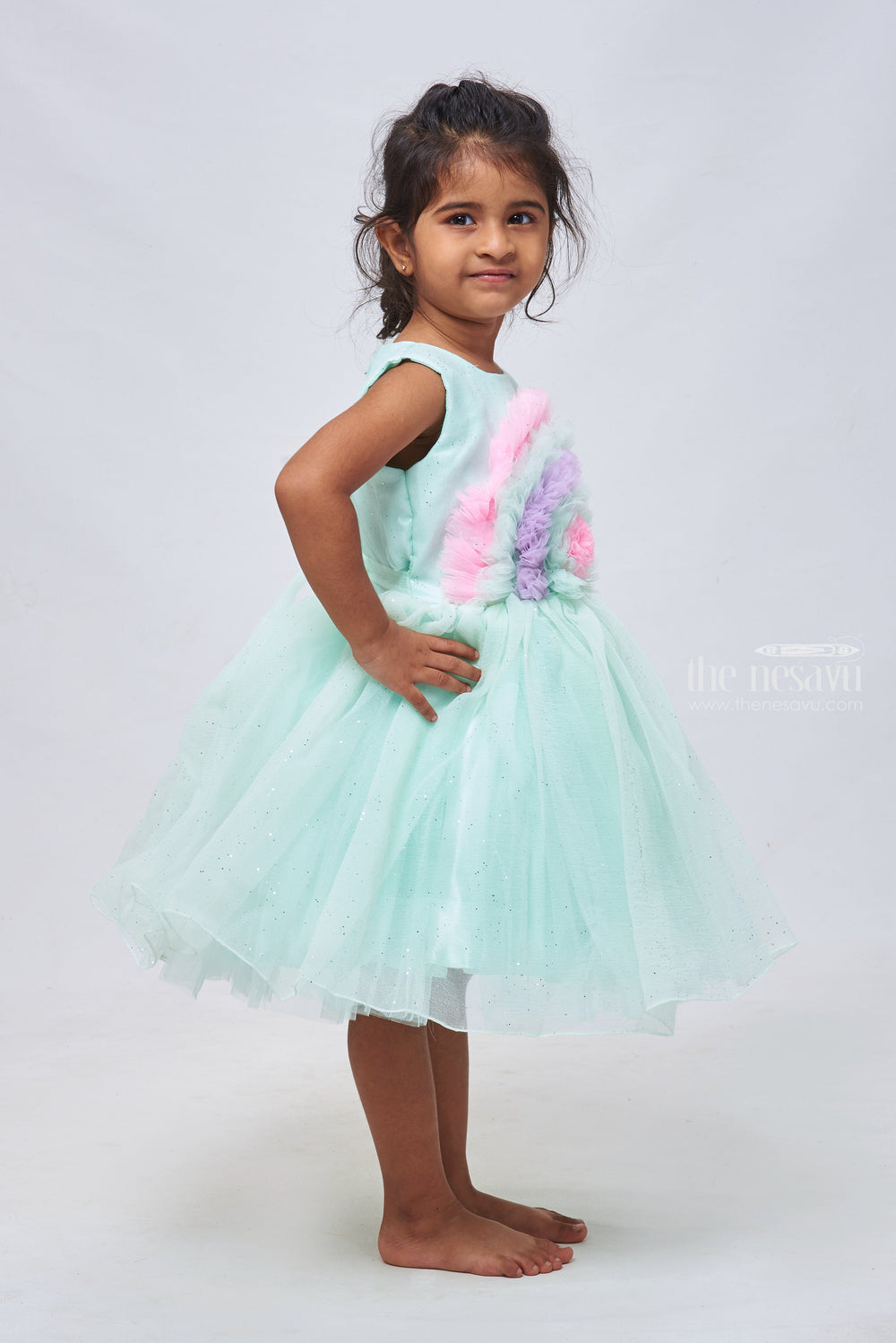 The Nesavu Girls Tutu Frock Oceanic Ovation: Multicolor Puffed Layered Blue Frock with Artistic Applique & Pleats Nesavu Stunning Baby Girl Frock Styles: Perfect for Parties & Birthdays | The Nesavu