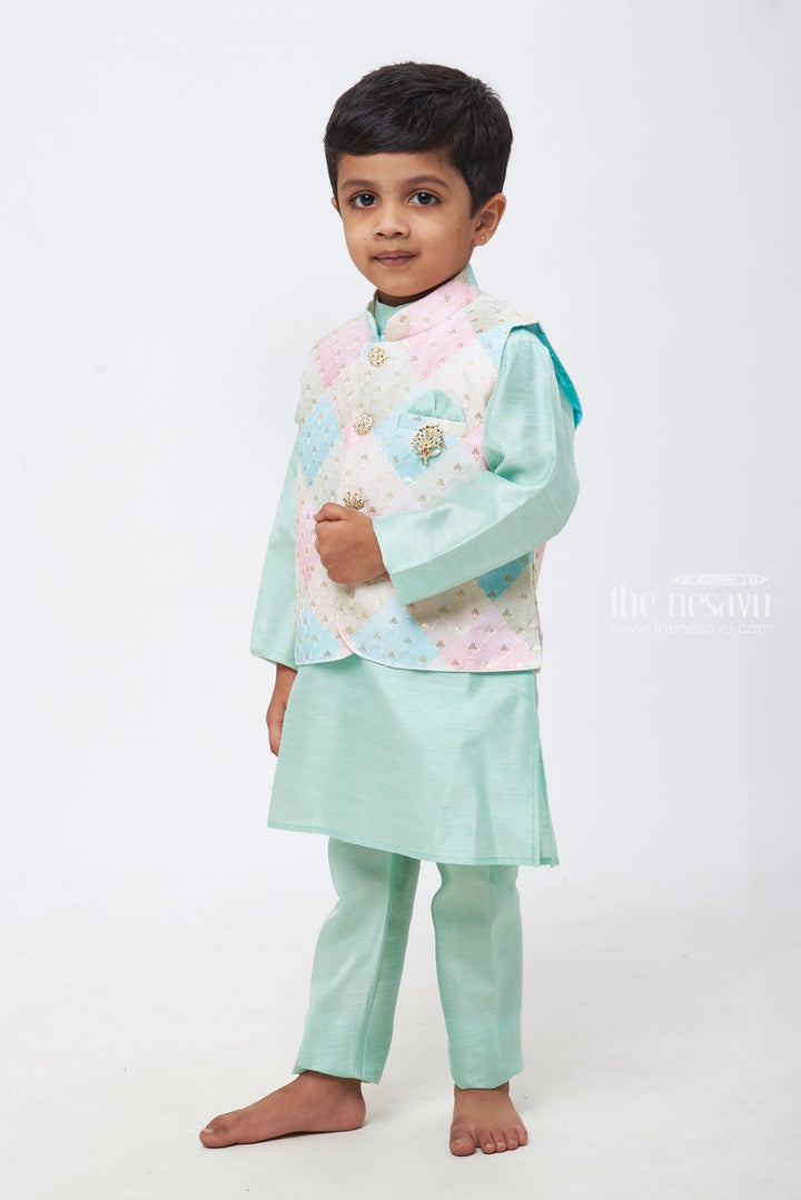 The Nesavu Boys Jacket Sets Oceanic Radiance: Boys Turquoise Kurta Shirt and Pant Set with Sequin Embroidered Overcoat Nesavu Embrace Tradition with a Twist | Boys Kurta Set Adorned with Overcoat | The Nesavu