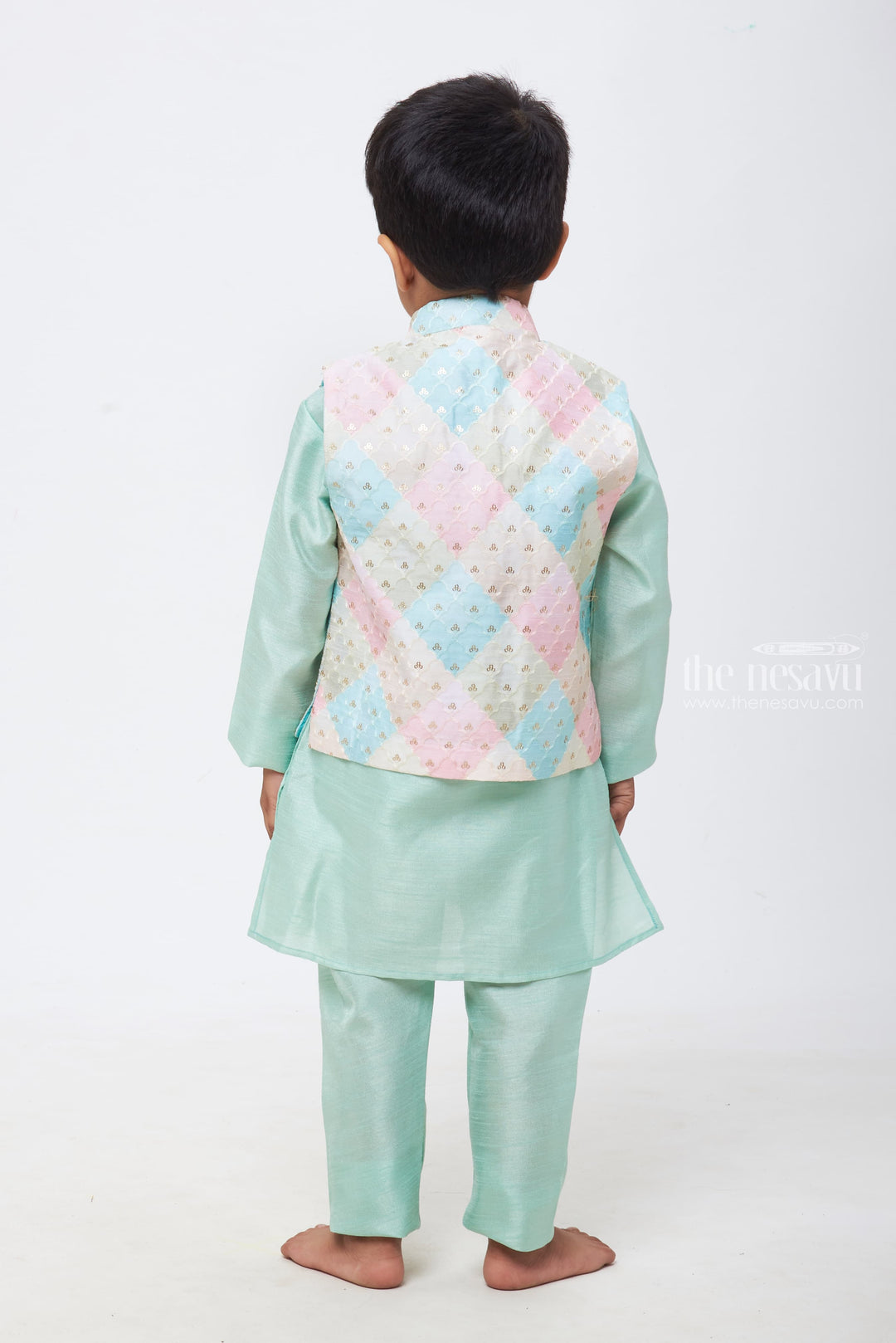 The Nesavu Boys Jacket Sets Oceanic Radiance: Boys Turquoise Kurta Shirt and Pant Set with Sequin Embroidered Overcoat Nesavu Embrace Tradition with a Twist | Boys Kurta Set Adorned with Overcoat | The Nesavu