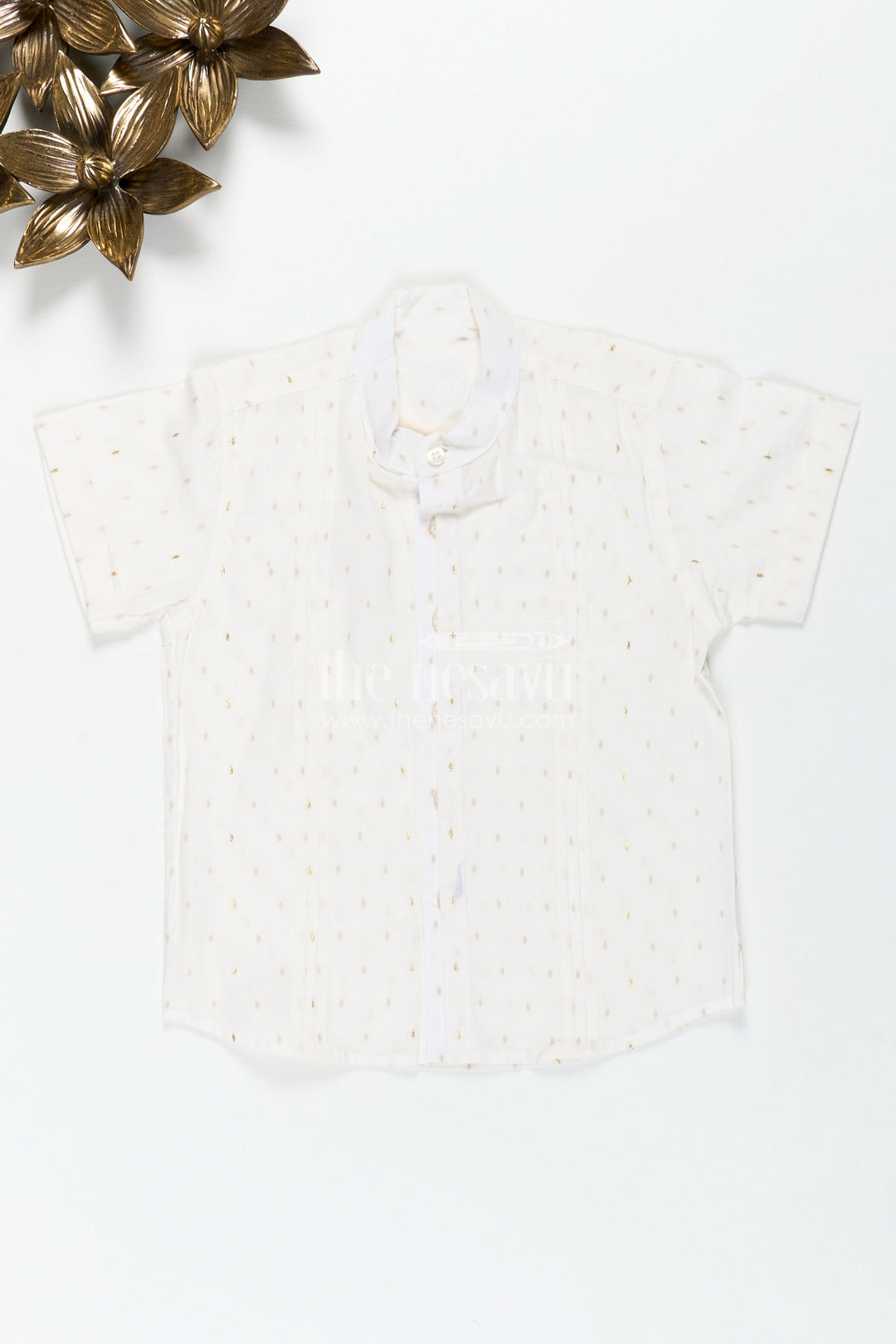 The Nesavu Boys Cotton Shirt Off White Printed Cotton Shirt for Boys with Gold Butta Design for Subtle Festive and Everyday Wear Nesavu 16 (1Y) / White BS269A-16 Nesavu Off White Cotton Shirt Boys Subtle Gold Butta Design Festive Casual Style