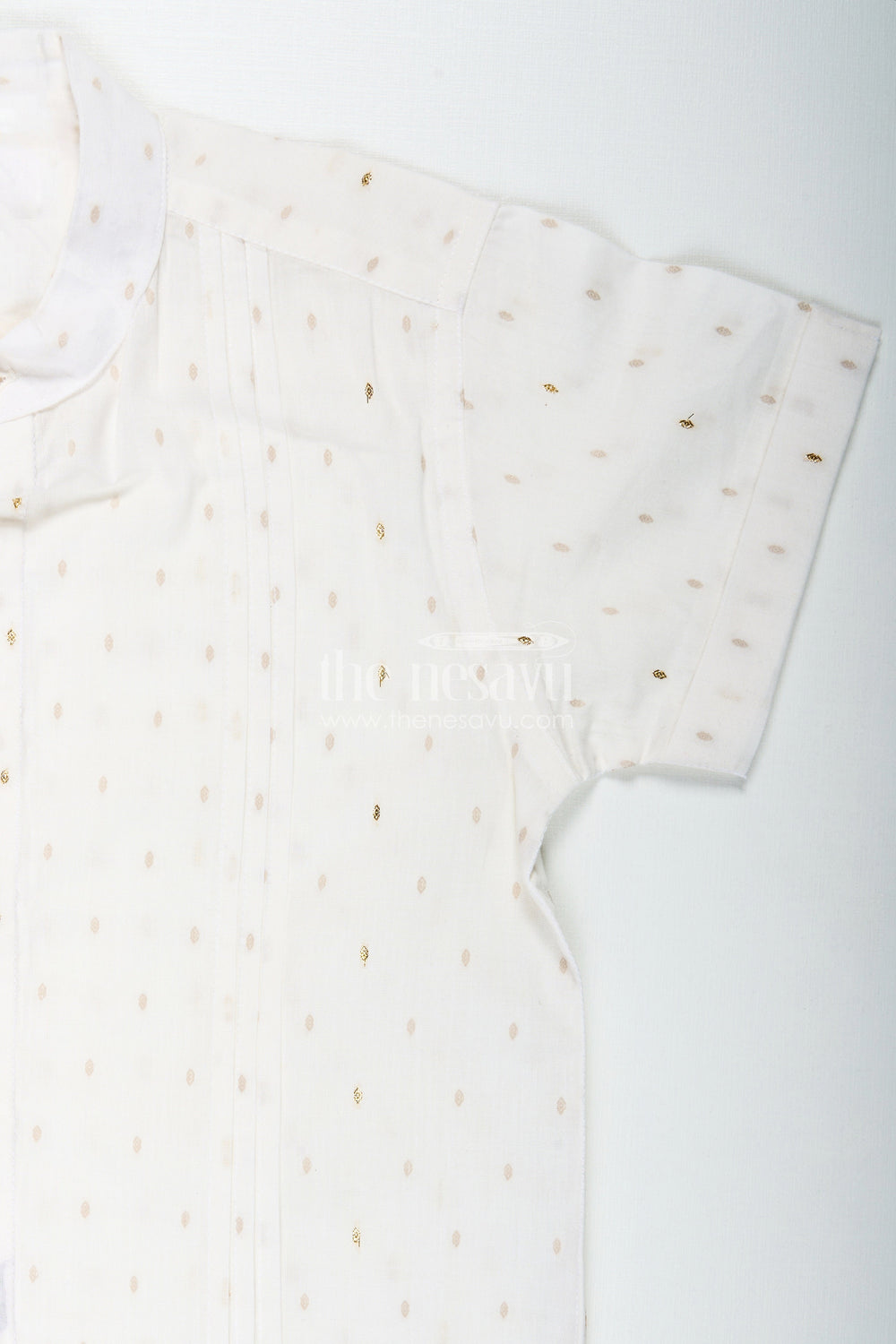 The Nesavu Boys Cotton Shirt Off White Printed Cotton Shirt for Boys with Gold Butta Design for Subtle Festive and Everyday Wear Nesavu Nesavu Off White Cotton Shirt Boys Subtle Gold Butta Design Festive Casual Style