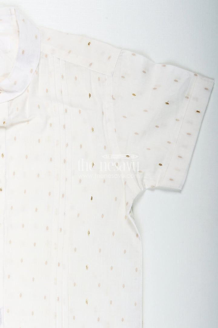 The Nesavu Boys Cotton Shirt Off White Printed Cotton Shirt for Boys with Gold Butta Design for Subtle Festive and Everyday Wear Nesavu Nesavu Off White Cotton Shirt Boys Subtle Gold Butta Design Festive Casual Style