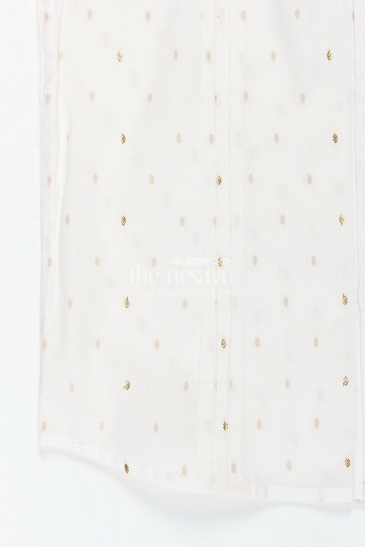 The Nesavu Boys Cotton Shirt Off White Printed Cotton Shirt for Boys with Gold Butta Design for Subtle Festive and Everyday Wear Nesavu Nesavu Off White Cotton Shirt Boys Subtle Gold Butta Design Festive Casual Style