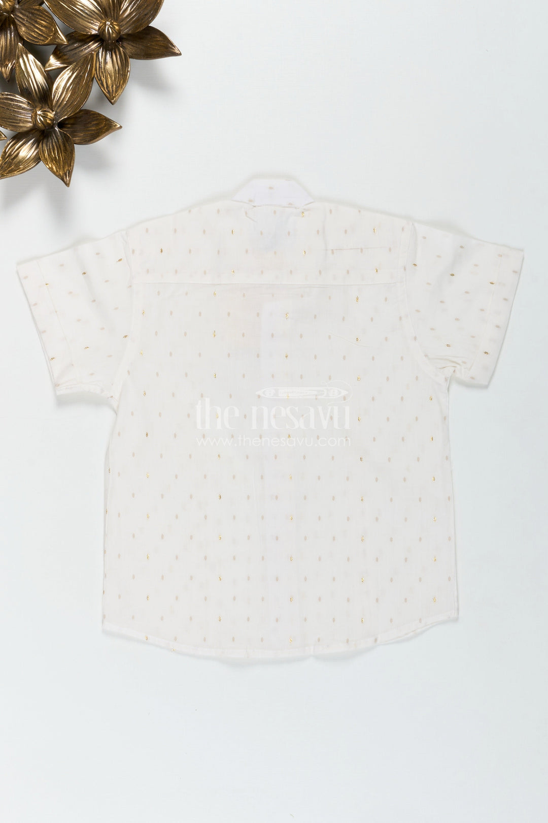 The Nesavu Boys Cotton Shirt Off White Printed Cotton Shirt for Boys with Gold Butta Design for Subtle Festive and Everyday Wear Nesavu Nesavu Off White Cotton Shirt Boys Subtle Gold Butta Design Festive Casual Style