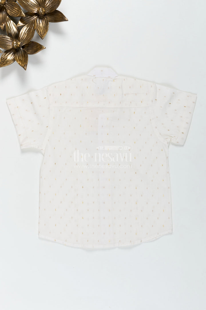 The Nesavu Boys Cotton Shirt Off White Printed Cotton Shirt for Boys with Gold Butta Design for Subtle Festive and Everyday Wear Nesavu Nesavu Off White Cotton Shirt Boys Subtle Gold Butta Design Festive Casual Style