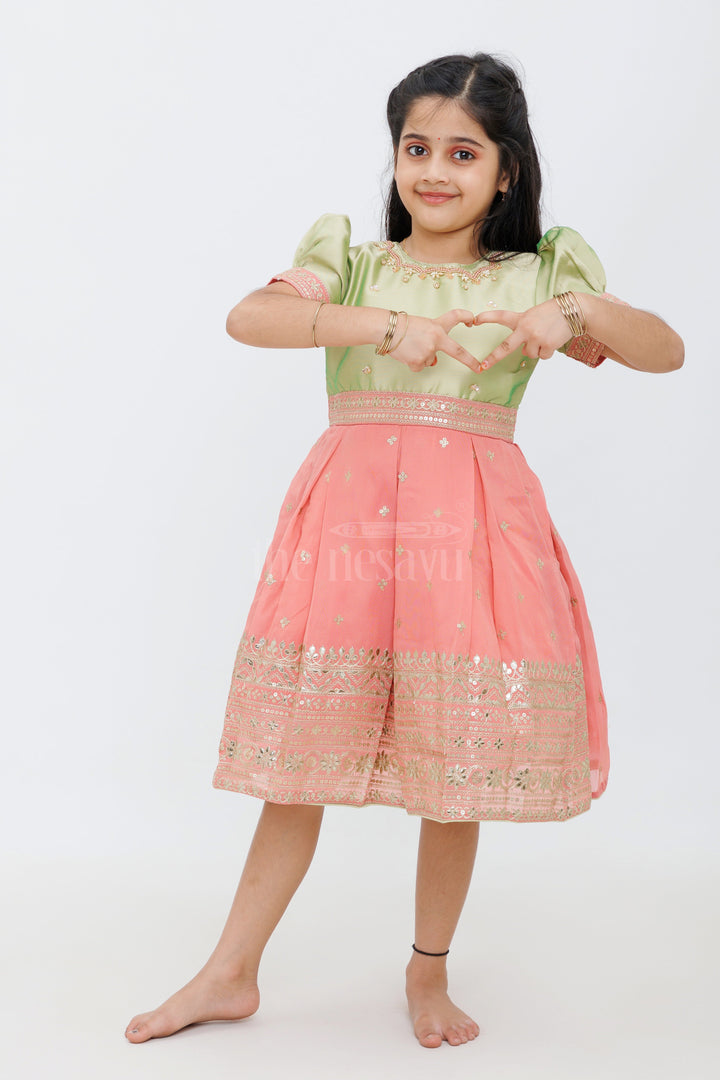 The Nesavu Silk Party Frock Olive Green and Pink Pattu Frock for Girls with Embroidered Zari Borders Nesavu 16 (1Y) / multicolor SF920A-16 Olive Green Pink Girls Pattu Frock Zari Borders Festive Celebrations