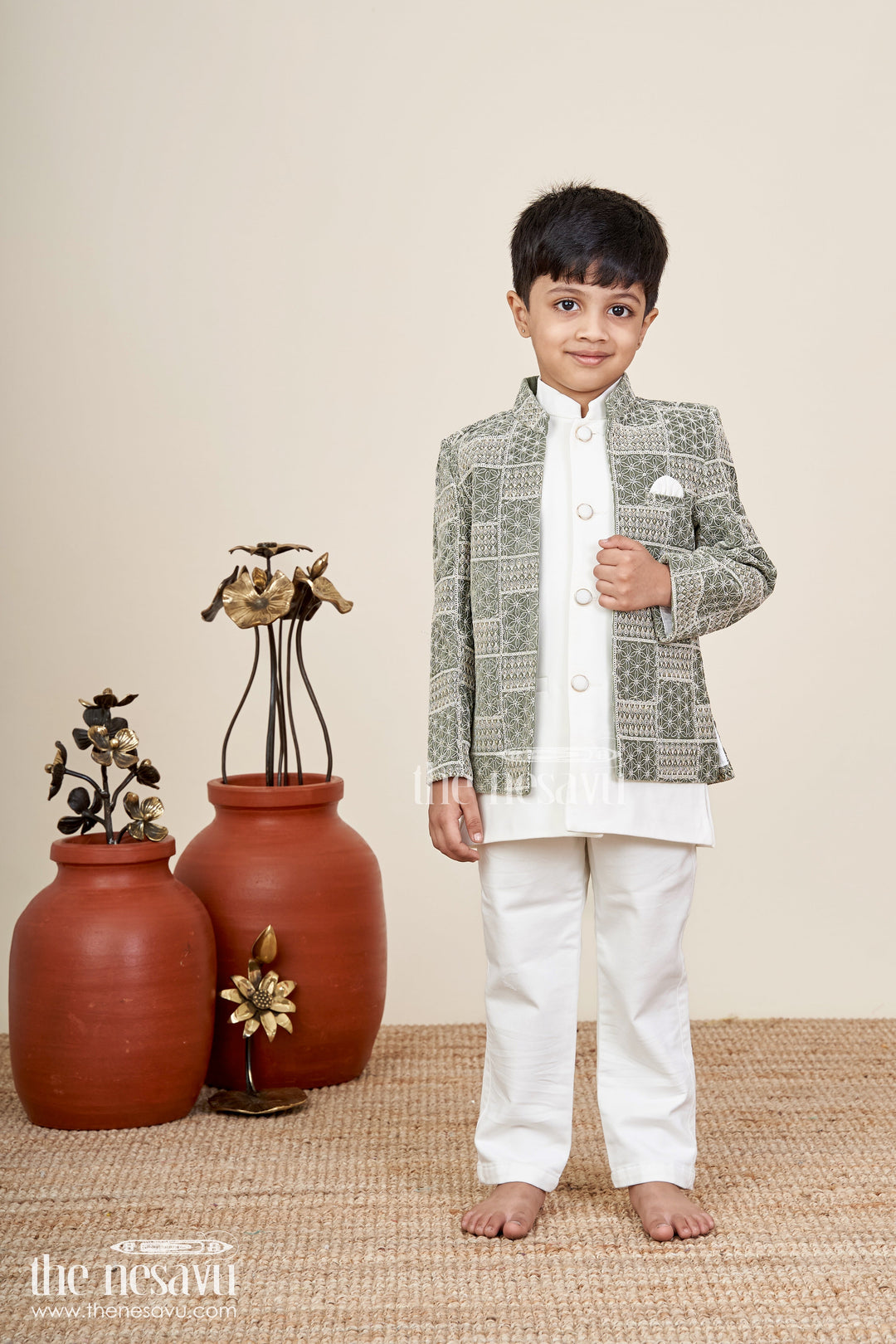 The Nesavu Boys Sherwani Olive green boys sherwani set with designer embroidery jacket Nesavu 16 (1Y) / Green BES884A-16 Boys olive green embroidered sherwani with kurta pajama set Nesavu
