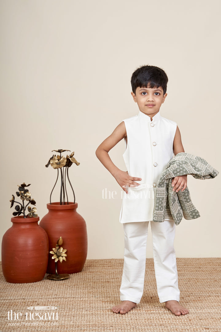 The Nesavu Boys Sherwani Olive green boys sherwani set with designer embroidery jacket Nesavu Boys olive green embroidered sherwani with kurta pajama set Nesavu