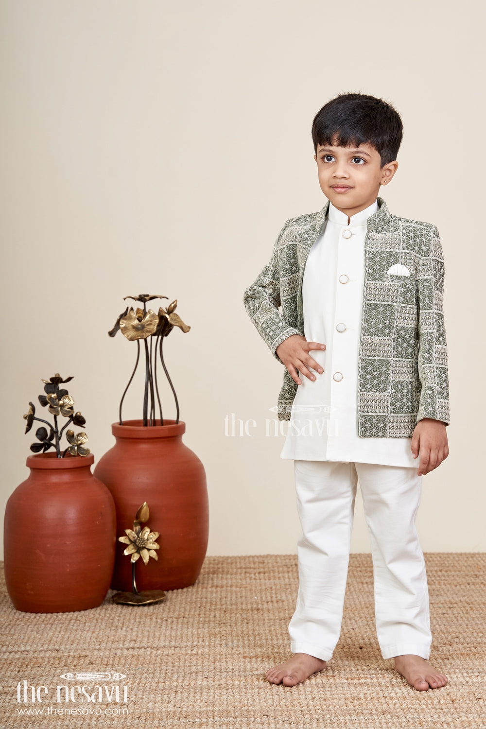 The Nesavu Boys Sherwani Olive green boys sherwani set with designer embroidery jacket Nesavu Boys olive green embroidered sherwani with kurta pajama set Nesavu