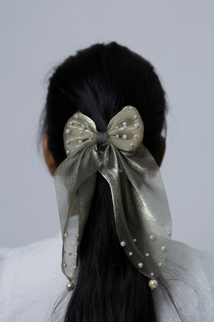 The Nesavu Scrunchies / Rubber Band Olive Green Shimmer Bow Hairband with Pearl Embellishments Nesavu Green JHS26D Olive Green Pearl Bow Hairband | Elegant Accessory | The Nesavu