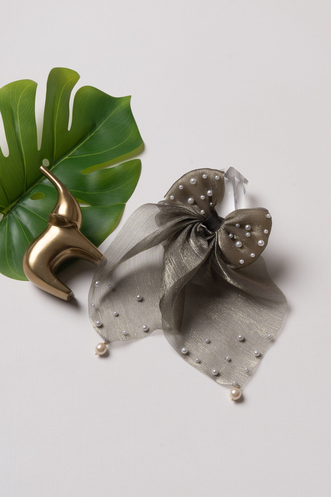 The Nesavu Scrunchies / Rubber Band Olive Green Shimmer Bow Hairband with Pearl Embellishments Nesavu Green JHS26D Olive Green Pearl Bow Hairband | Elegant Accessory | The Nesavu