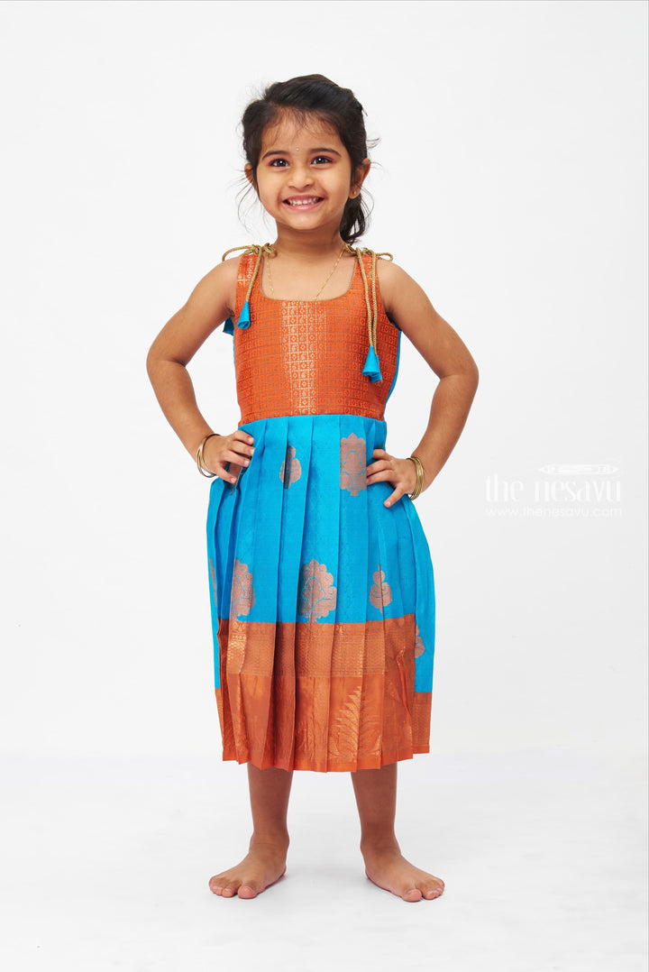 The Nesavu Tie-up Frock Orange And Blue Tie-Up Silk Frocks With Copper Toned Zari Border For Girls Nesavu 16 (1Y) / Blue T260B-16 Ethnic Tie-up Silk Frocks| Pattu Clothes Frocks| The Nesavu