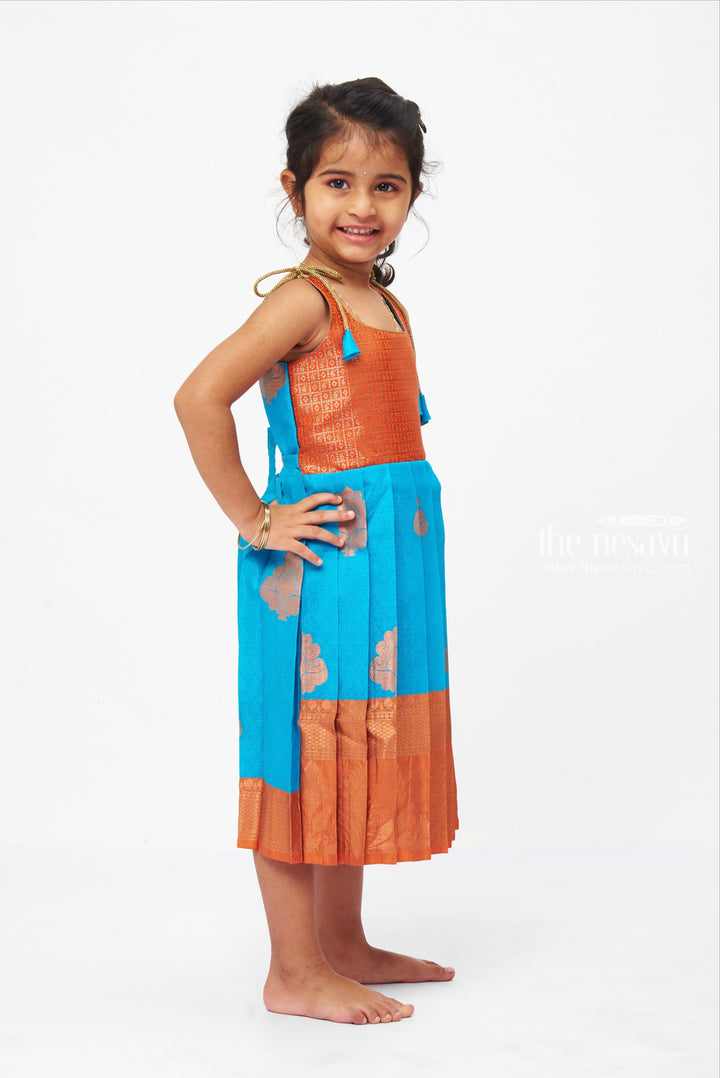 The Nesavu Tie-up Frock Orange And Blue Tie-Up Silk Frocks With Copper Toned Zari Border For Girls Nesavu Ethnic Tie-up Silk Frocks| Pattu Clothes Frocks| The Nesavu