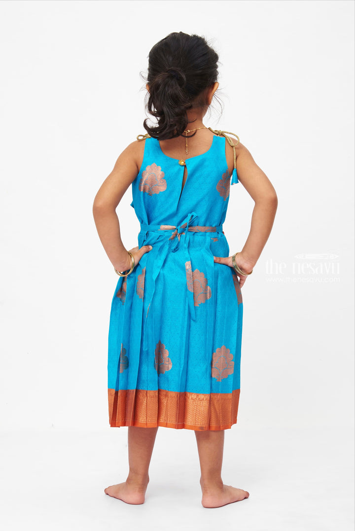 The Nesavu Tie-up Frock Orange And Blue Tie-Up Silk Frocks With Copper Toned Zari Border For Girls Nesavu Ethnic Tie-up Silk Frocks| Pattu Clothes Frocks| The Nesavu