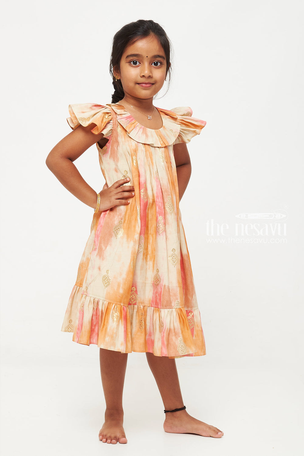 The Nesavu Girls Fancy Frock Orange and Multicolor Designer Printed Chanderi Pleated Frock for Girls Nesavu Orange and Multicolor Chanderi Pleated Frock for Girls - Elegant & Stylish