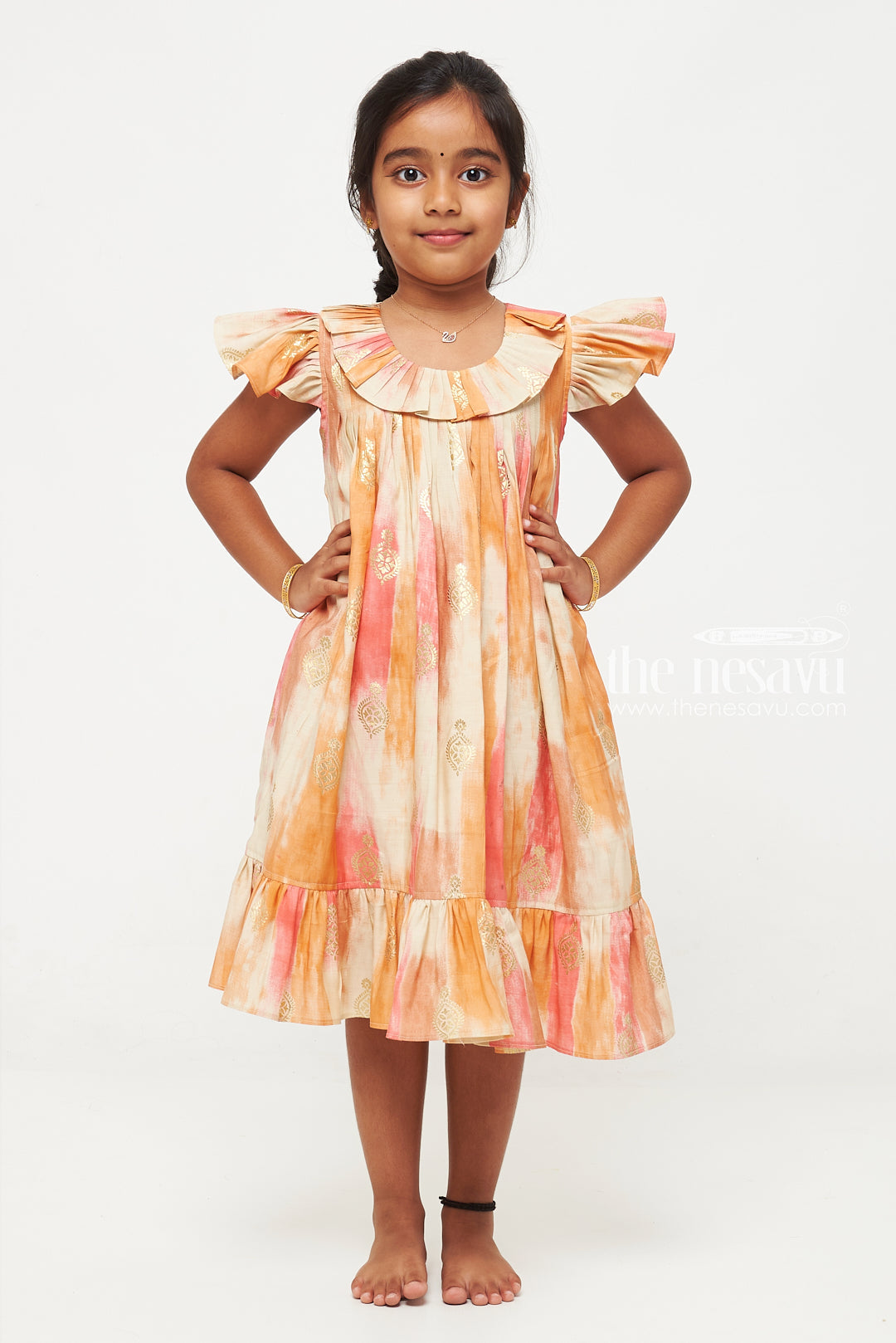 The Nesavu Girls Fancy Frock Orange and Multicolor Designer Printed Chanderi Pleated Frock for Girls Nesavu Orange and Multicolor Chanderi Pleated Frock for Girls - Elegant & Stylish
